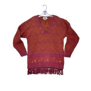 Nipon Studio Women's Vintage Sweater Embroidered Fringe Wool Cotton Red XL